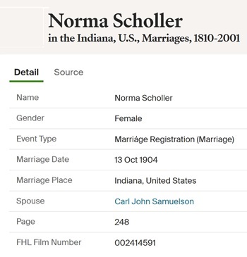 Norma Scholler Samuelson marriage information, Class of 1897