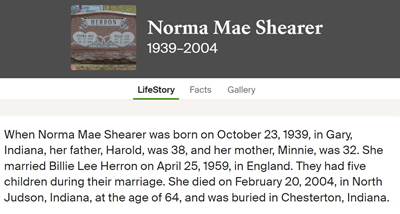 Norma Shearer Herron marriage info, Class of 1958