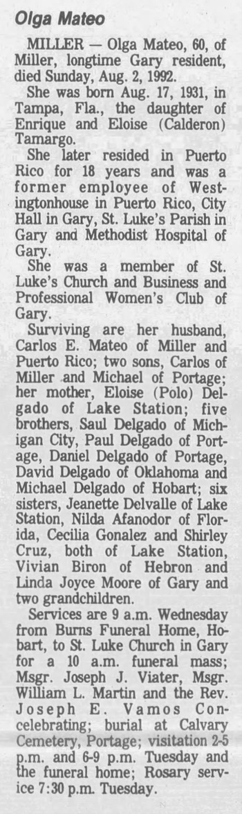 Olga Tamargo Mateo obit, Class of 1950