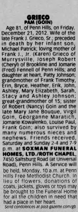 Pam Goin Grieco obit, Class of 1949