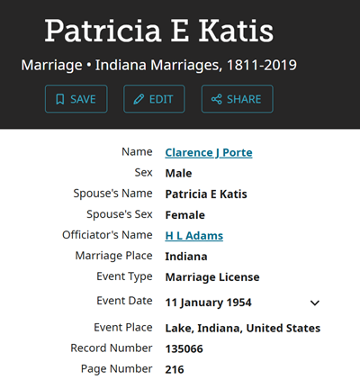Patricia Katis Porte marriage info, Class of 1946