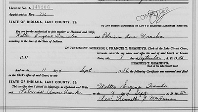 Patricia Vronka Trumbo marriage cert, Class of 1955