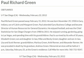 Paul Green Ancestry obit, Class of 1948