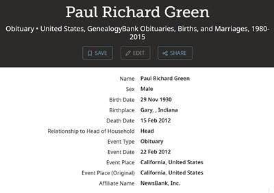 Paul Green obit info, Class of 1948