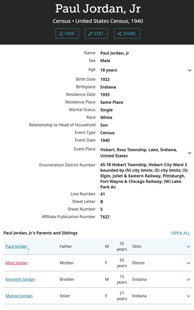 Paul Jordan Jr. life info, Class of 1939