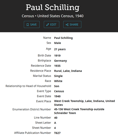 Paul Schilling census info, Class of 1937