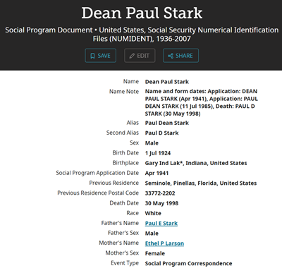 Paul Dean Stark life info, Class of 1943