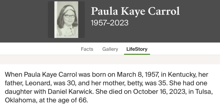 Paula Carrol Karwick life info, Class of 1975