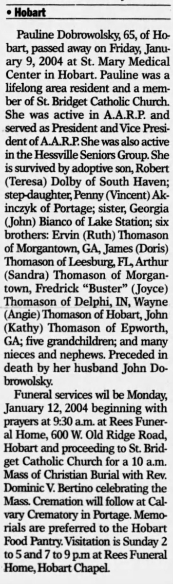 Pauline Thomason Dobrowolski obituary, Class of 1956