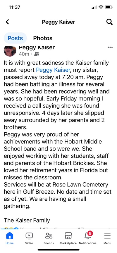 Peggy Kaiser FB notice, Class of 1972
