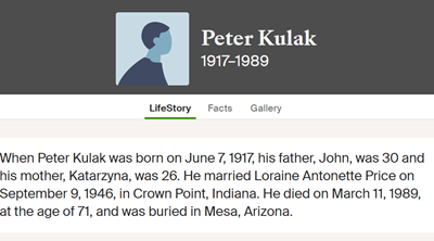 Peter Kulak life info, CLass of 1935
