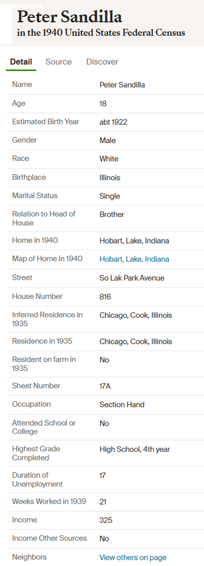 Peter Sandilla, 1940 census info, Class of 1939