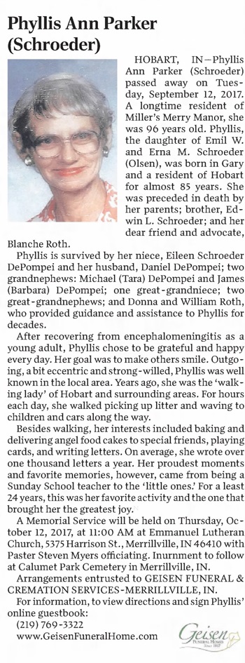 Phyllis Schroeder Parker obit, Class of 1939
