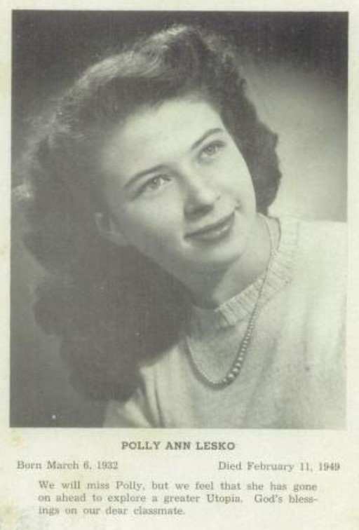 Polly Ann Lesko yearbook dedication, Class of 1950