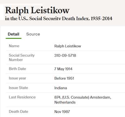 Ralph Lestikow obit info, Class of 1932