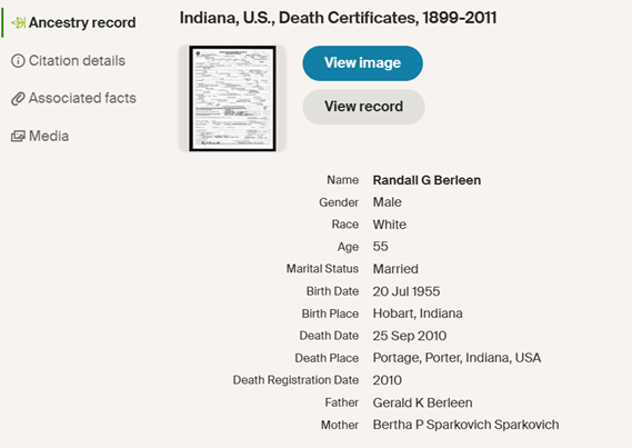 Randy Berleen death certificate info, Class of 1973