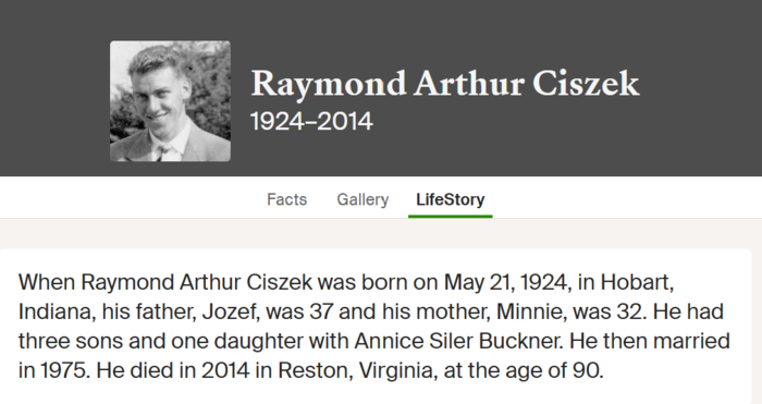 Raymond Ciszek life info, Class of 1943