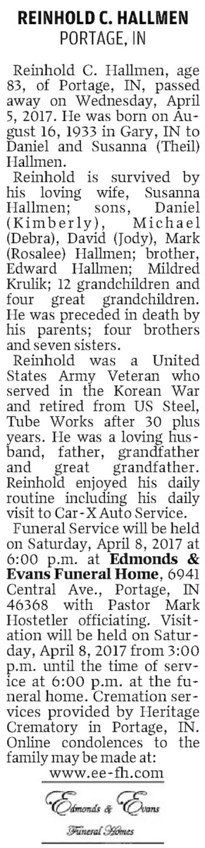 Reinhold Hallmen obit, Class of 1951