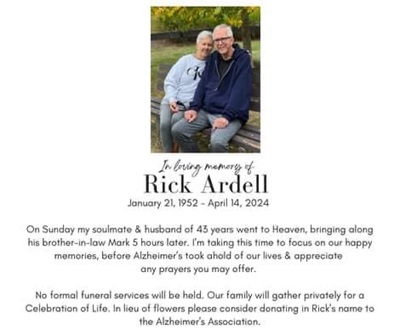 Rick (Rich) Ardell obit notice, Class of 1970