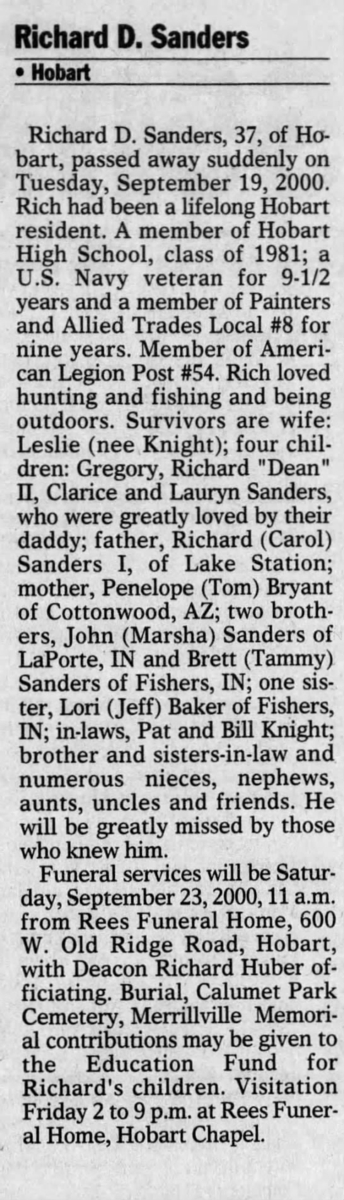 Rich Sanders obituary, Class of 1981