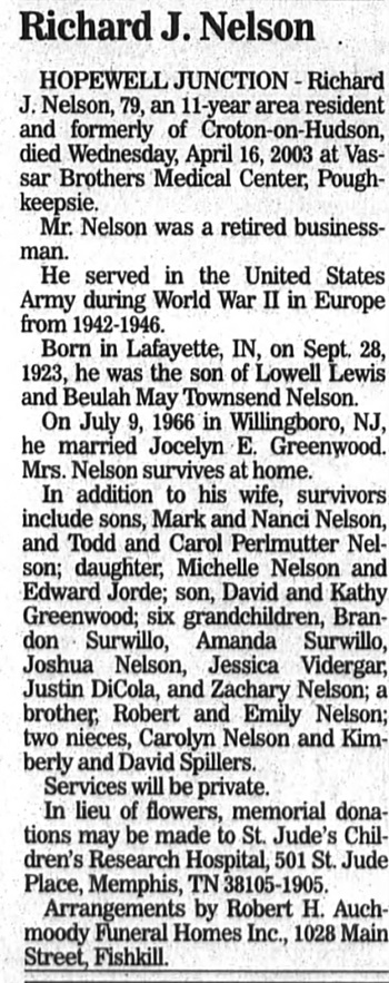 Richard Nelson obituary article, Class of 1941