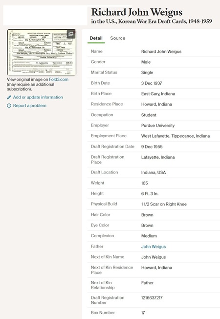 Richard Weigus draftr card info, Class of 1955
