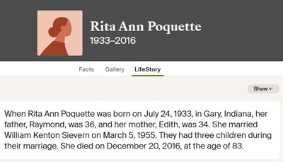 Rita Poquette Sievern life info, Class of 1951