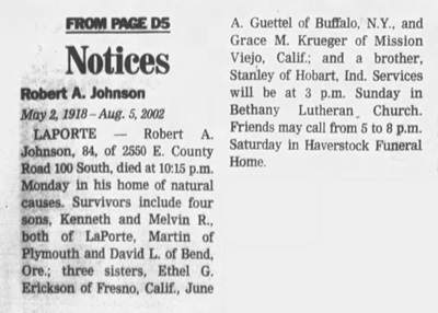 Robert Albert Johnson obit, Class of 1940