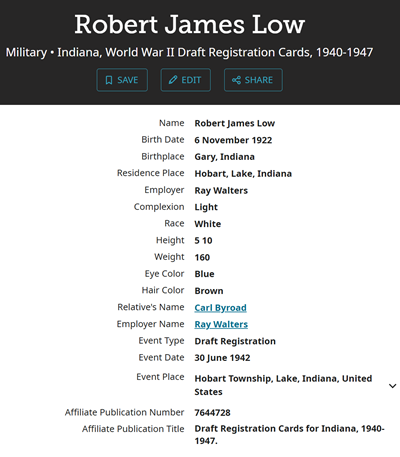 Robert Low draft registration card, Class of 1940