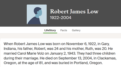 Robert Low life info, Class of 1940