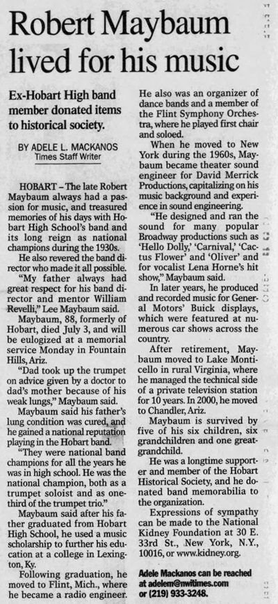 Robert Maybaum obituary article, Class of 1934