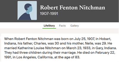 Robert Nitchman, marriage and obit info, Class of 1925