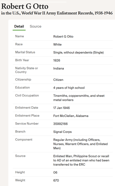 Robert Otto military info, Class of 1945