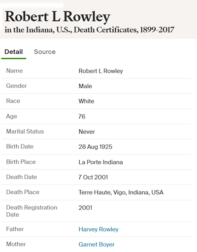Robert Rowley obit info, Class of 1943