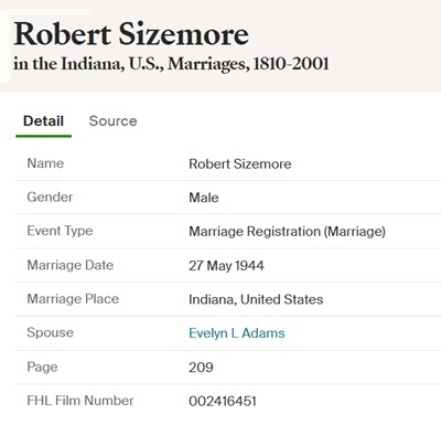 Robert Sizemore marriage info, Class of 1942