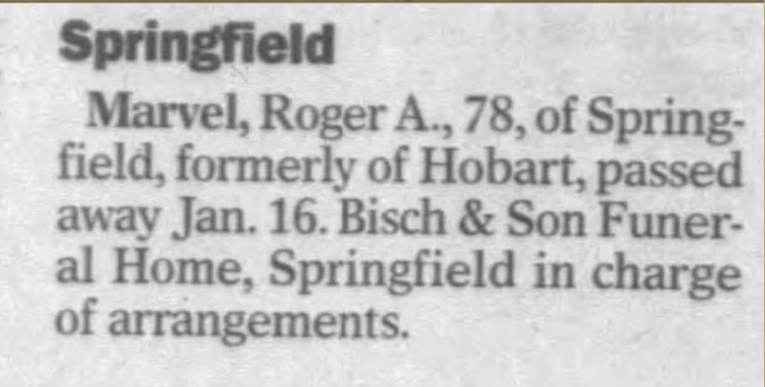Roger Marvel obituary notice, Class of 1940