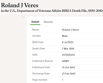 Roland Veres military info, Class of 1943