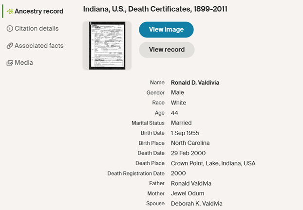 Ron Valdivia death certificate info, Class of 1973