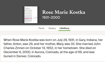 Rose Marie Kostka Zinnen Ancestry life info, Class of 1949