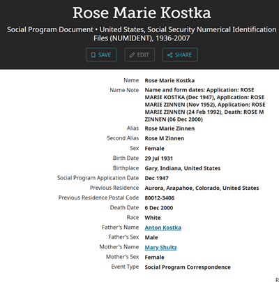 Rose Marie Kostka Zinnen life info, Class of 1949