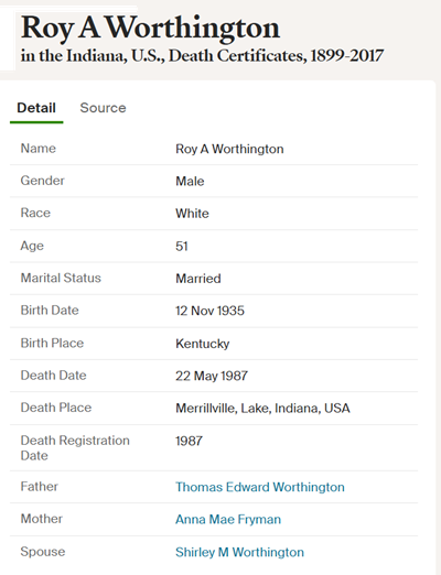 Roy Worthington obit info, Class of 1955