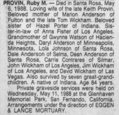 Ruby Fisher Wickham Provin obit, Class of 1922