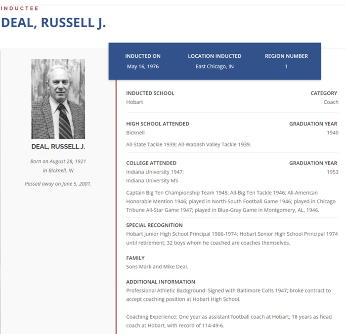 Russell Deal IFCA page, Teacher / Coach