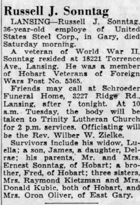Russell Sonntag obit article, Class of 1938