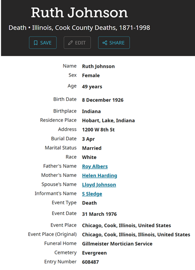 Ruth Albers Johnson life info, Class of 1946