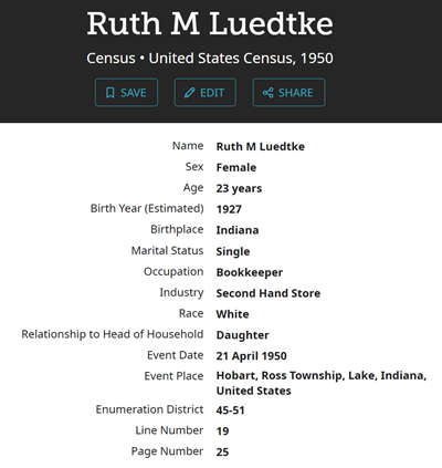 Ruth Luedtke Ross census info, Class of 1944