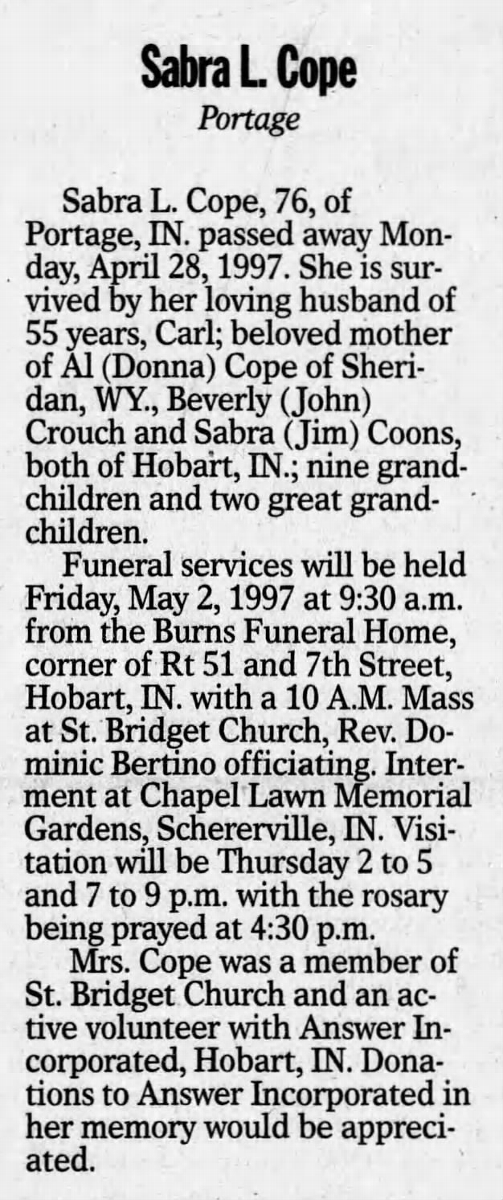 Sabra Gernsey Cope obituary article, Class of 1939