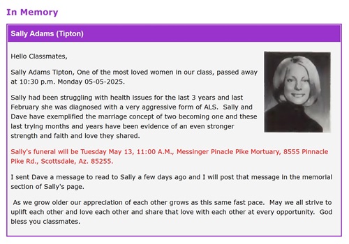 Sally Adams Tipton memorial, Class of 1971