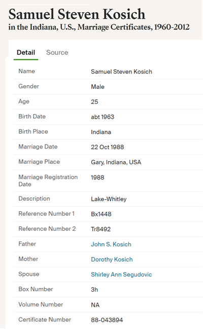 Samuel (Sam) Kosich marriage info, Class of 1981