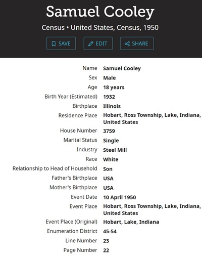 Samuel Cooley 1950 Census info, Class lf 1948